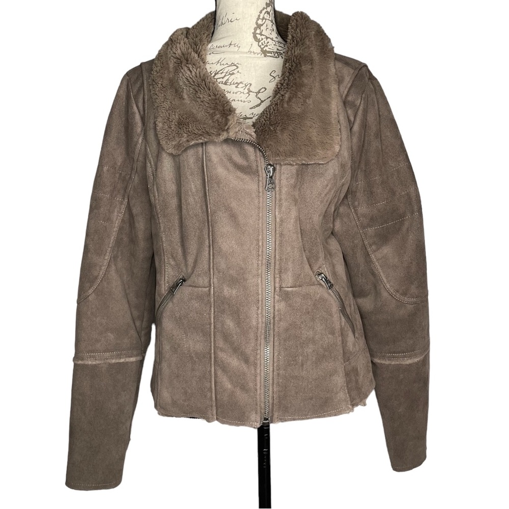 Dylan bomber Moto jacket faux suede & cute brown large zip up coat